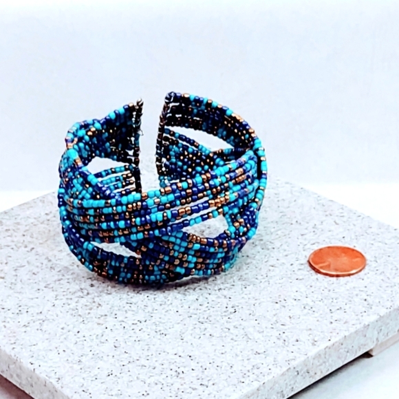 VINTAGE BOHEMIAN WESTERN TURQUOISE, PURPLE AND GOLD SEED BEAD WRAP BRACELET - Picture 5 of 8